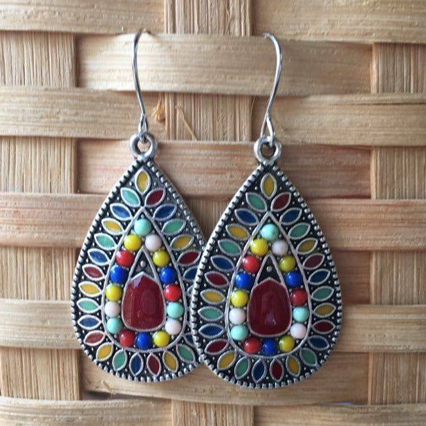 "Roja" Boho Chic Antique Silver Teardrop Red &  Multi-color Statement Earrings