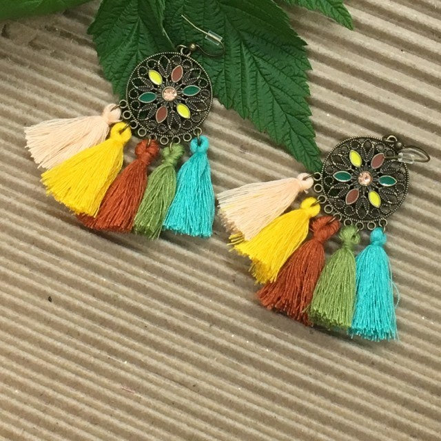 “Emyleen” Boho Chic Earthy Color Tassels Antique Bronze Round Earrings