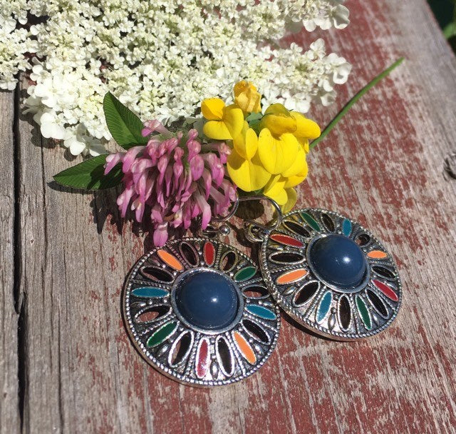 "Naomi" Boho Chic Antique Silver with Navy Statement Earrings