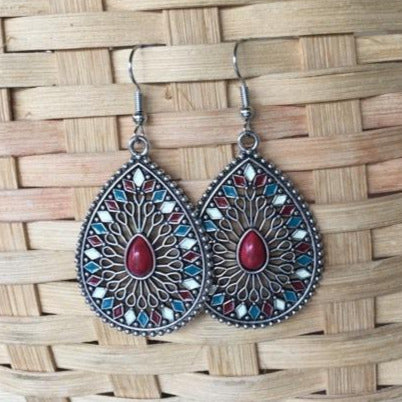 "Teagan” Boho Chic Antique Silver with Enamel Teardrop Earrings