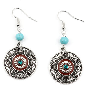"Trudi" Boho Chic Antique Silver Turquoise & Red Round Statement Earrings