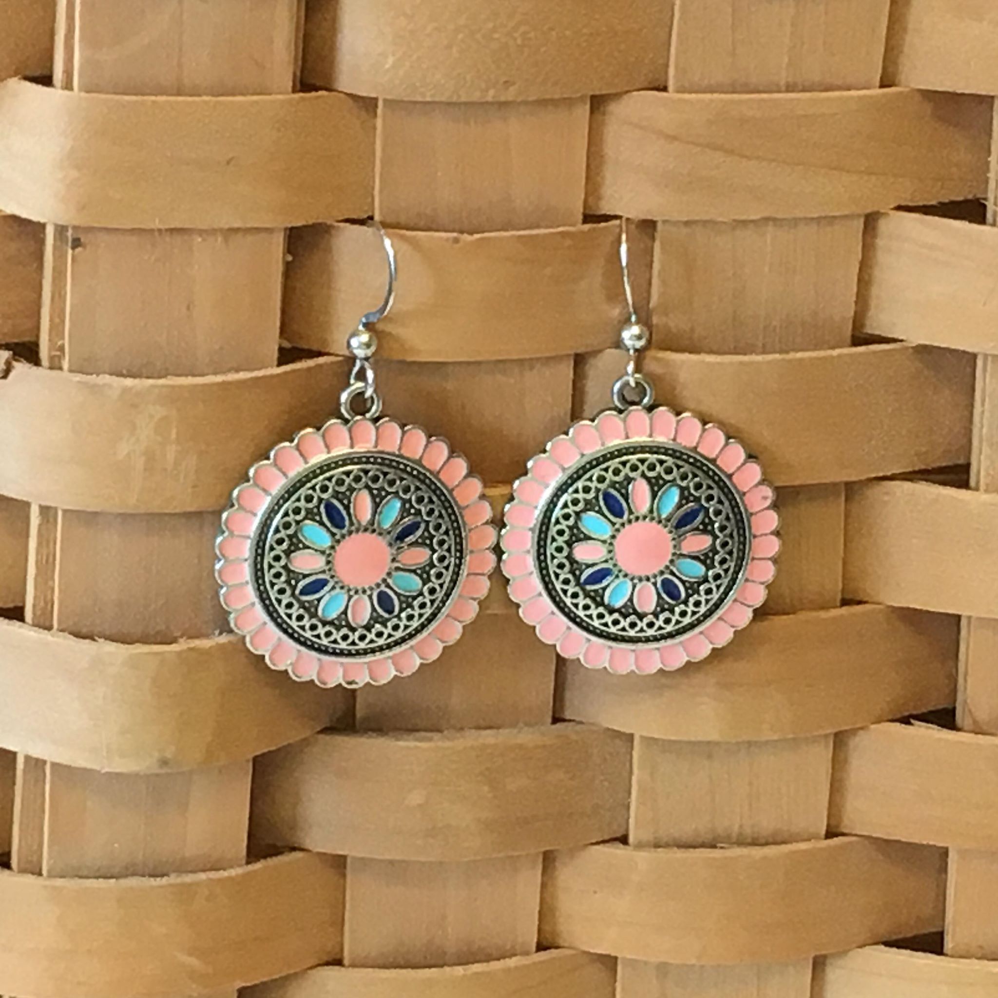"Priscilla" Boho Chic Antique Silver Peach Round Statement Earrings