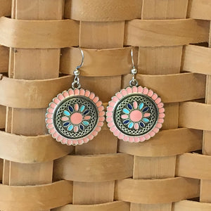 "Priscilla" Boho Chic Antique Silver Peach Round Statement Earrings