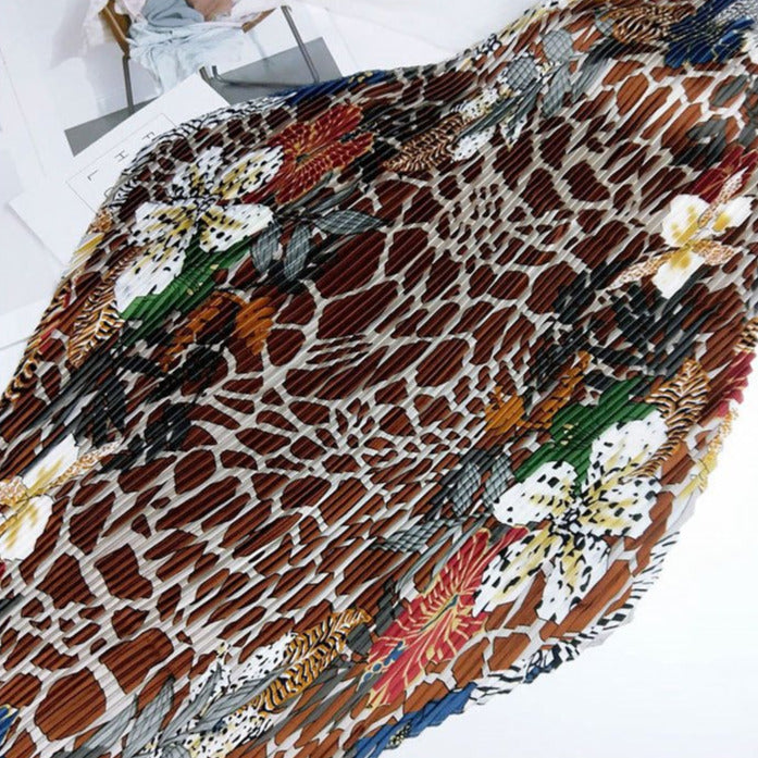 "Rhinestones" Multi-color Giraffe Print & Flowers Pleated Square Fashion Scarf