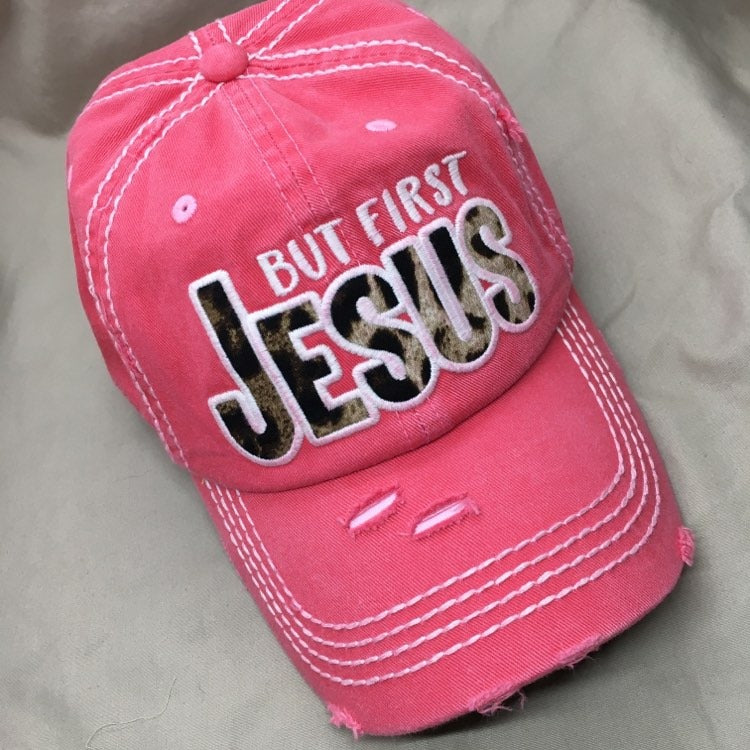 "But First, JESUS" Embroidered Distressed Baseball Cap--3 colors