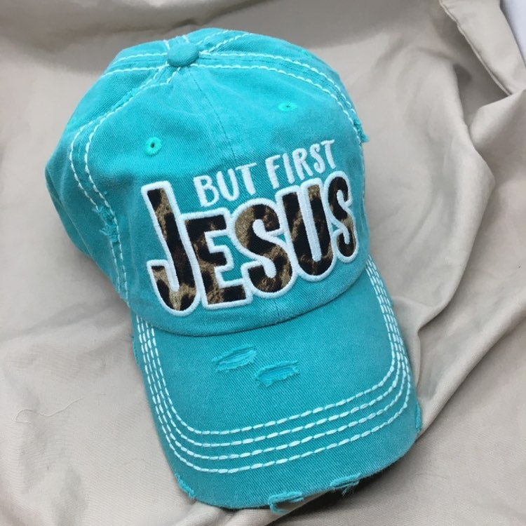 "But First, JESUS" Embroidered Distressed Baseball Cap--3 colors