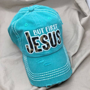 "But First, JESUS" Embroidered Distressed Baseball Cap--3 colors