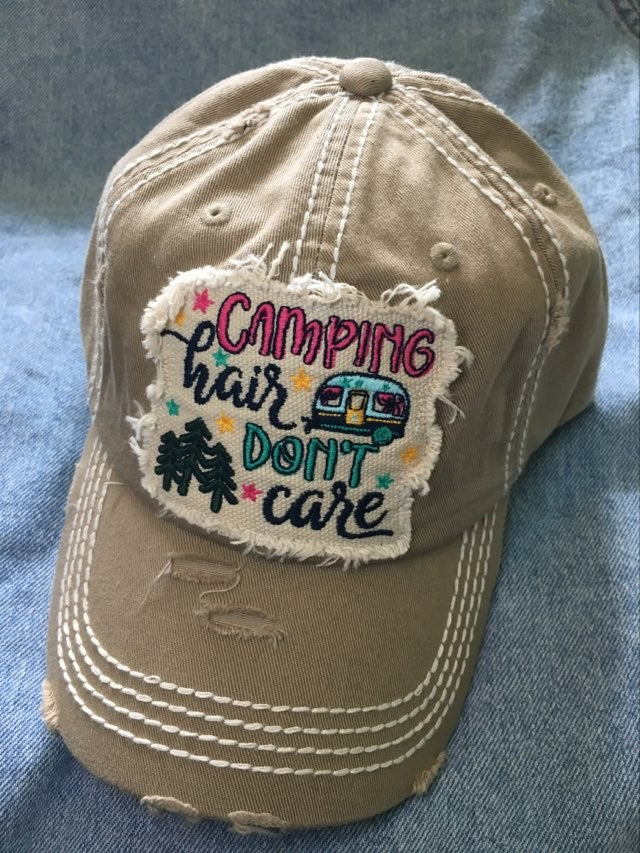 "Camping Hair" Embroidered Vintage Distressed Baseball Cap--Khaki