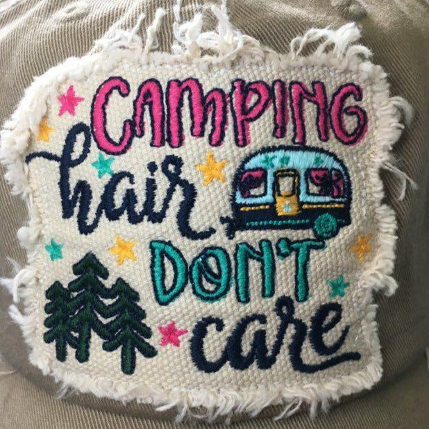 "Camping Hair" Embroidered Vintage Distressed Baseball Cap--Khaki