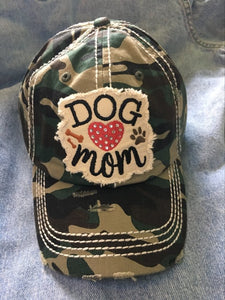 "Dog Mom" Camo Baseball Cap with Rhinestones Heart