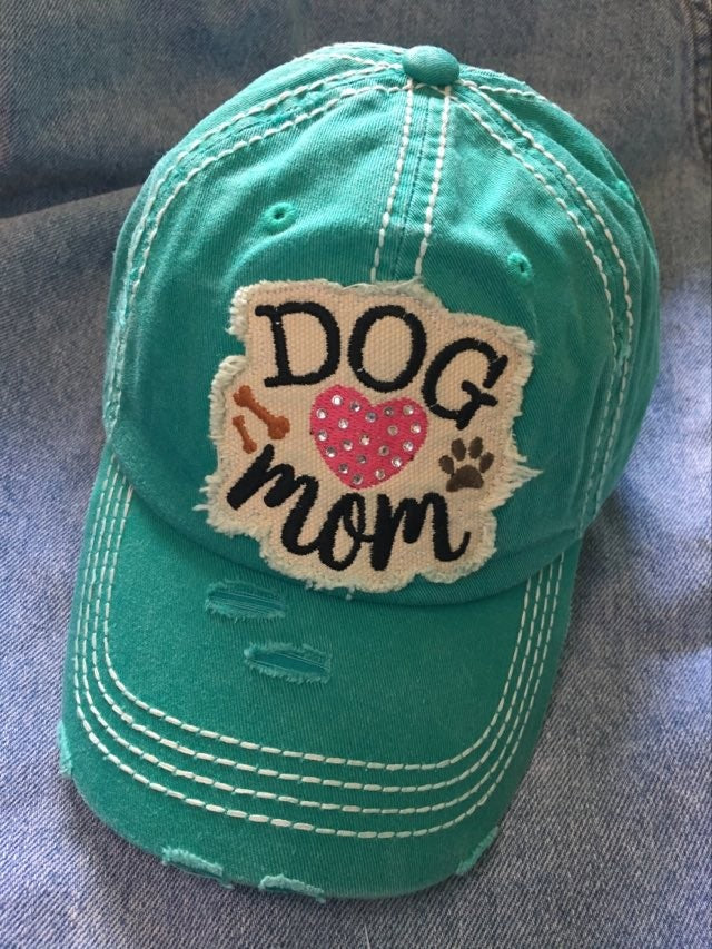 "Dog Mom" Baseball Cap with Rhinestones Heart--Turquoise