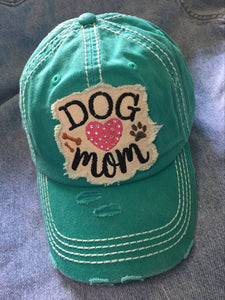 "Dog Mom" Baseball Cap with Rhinestones Heart--Turquoise