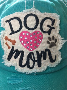 "Dog Mom" Baseball Cap with Rhinestones Heart--Turquoise