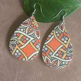 "Patrice" Boho Chic Floral Paisley Faux Leather Earrings--Orange & Gold