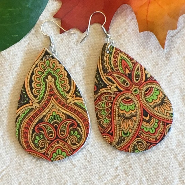 "Patrice" Boho Chic Paisley Faux Leather Statement Earrings in Autumn Colors--Handcrafted