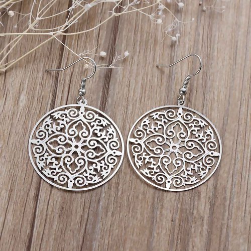 "Francesca" Copper Filigree Stamping Round Silvertone Earrings