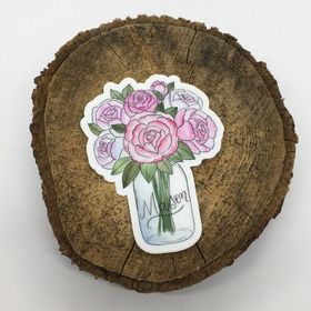 Mason Jar with Peonies Watercolor Vinyl Sticker