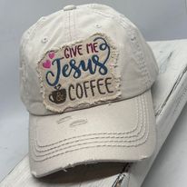 "Give Me Jesus & Coffee" Embroidered Vintage Distressed Baseball Cap--Beige