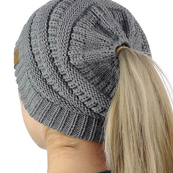 C.C Messy Bun/BeanieTail Cable Knit Ponytail Beanie