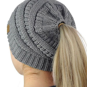 C.C Messy Bun/BeanieTail Cable Knit Ponytail Beanie