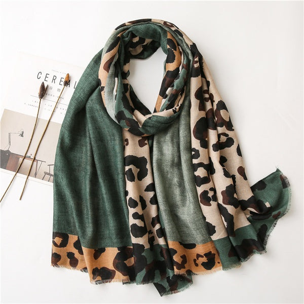 "Colorblock & Leopard Spots" Green Bohemian Fashion Scarf