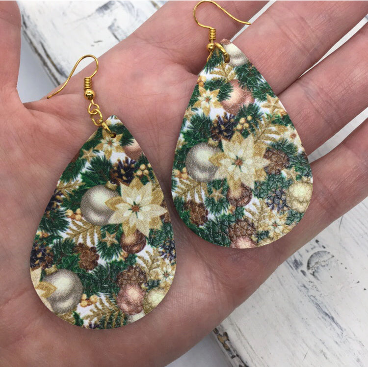"Seasons Greetings" Vintage Christmas Faux Leather Earrings--Handcrafted