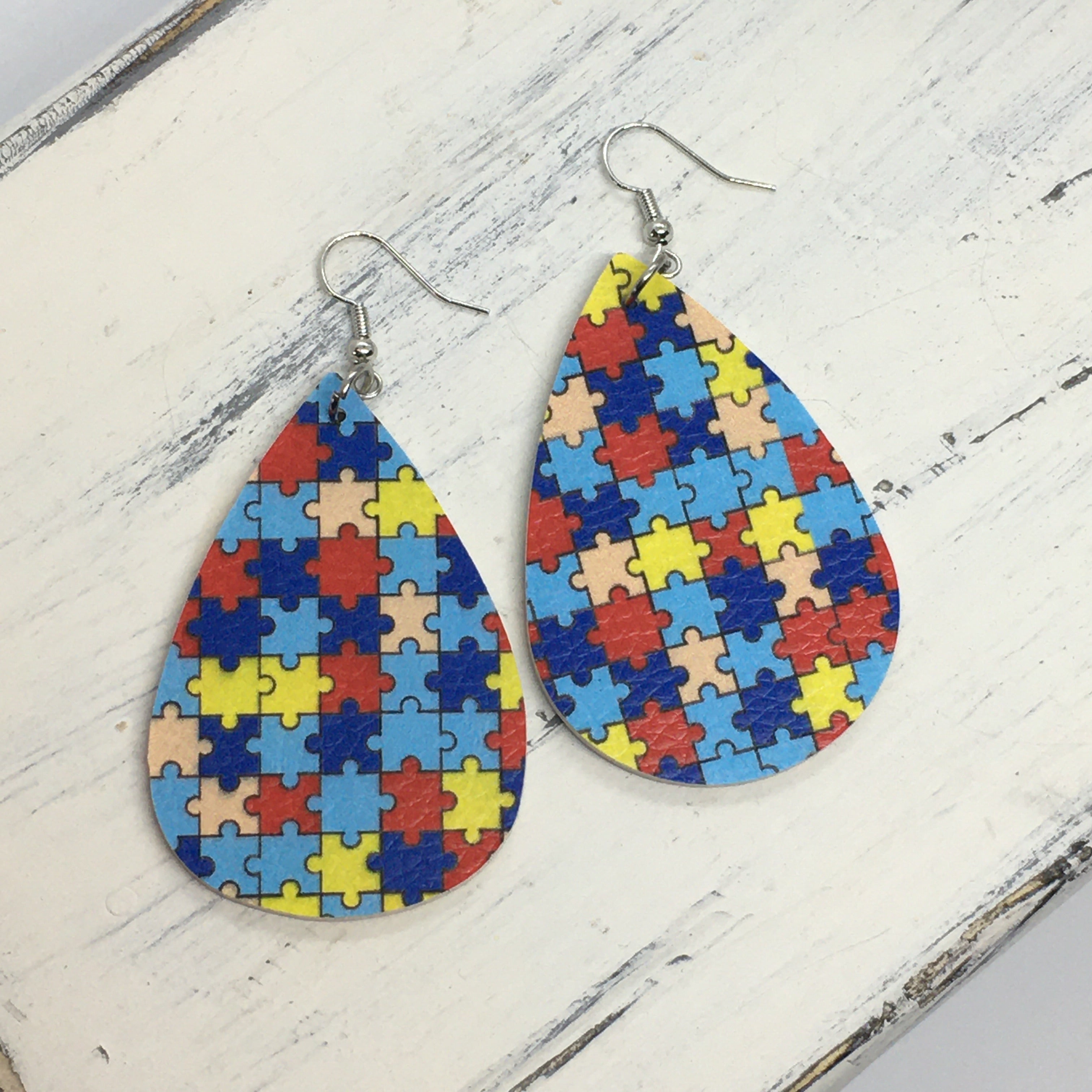 "Autism Awareness" Puzzle Pieces Faux Leather Earrings, Handcrafted