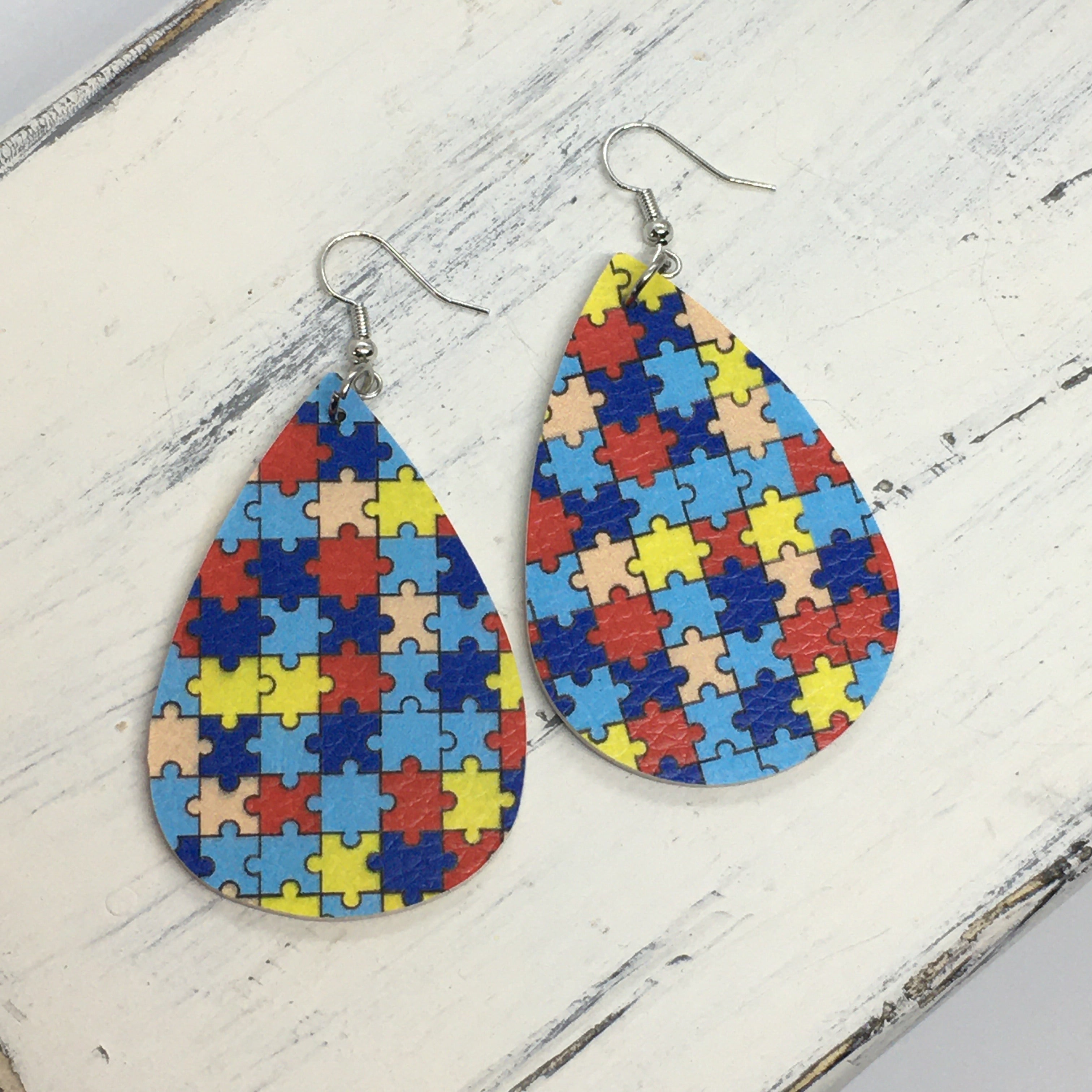 "Autism Awareness" Puzzle Pieces Faux Leather Earrings, Handcrafted