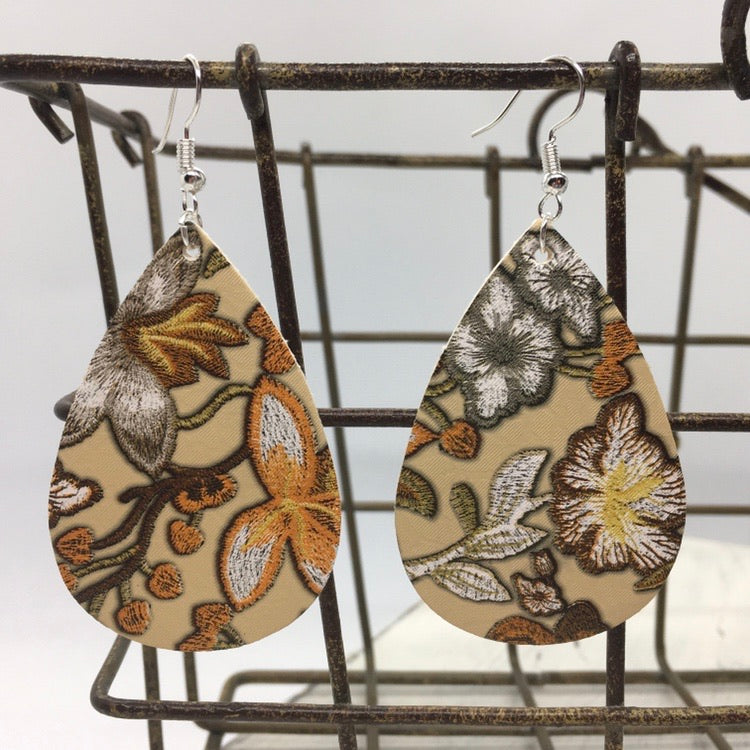 "Elyse" Boho Chic Floral Faux Leather & Embroidery Statement Earrings, Handmade--Tan