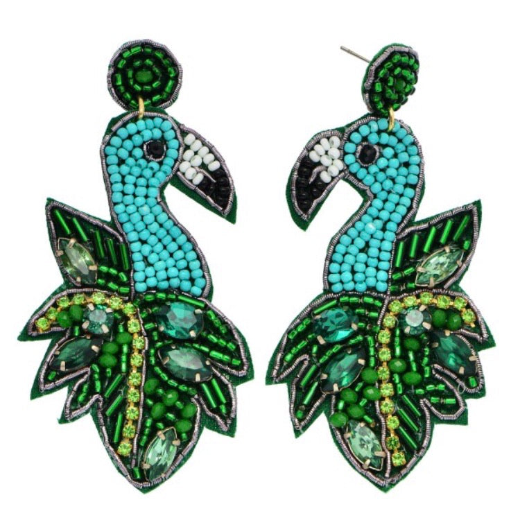 "Florine" Flamingo Seed Beads & Rhinestones Statement Earrings--Turquoise, Handcrafted