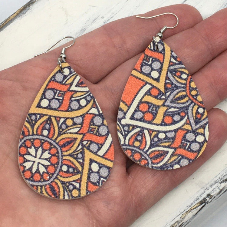 "Patrice" Boho Chic Floral Paisley Faux Leather Earrings--Orange & Gold