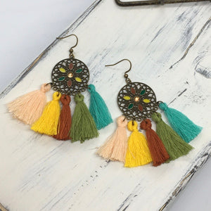 “Emyleen” Boho Chic Earthy Color Tassels Antique Bronze Round Earrings