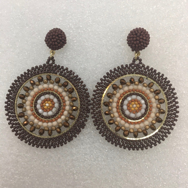 "First Prize" Seed Bead Medallion Statement Earrings, Handmade--Brown