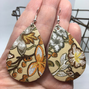 "Elyse" Boho Chic Floral Faux Leather & Embroidery Statement Earrings, Handmade--Tan