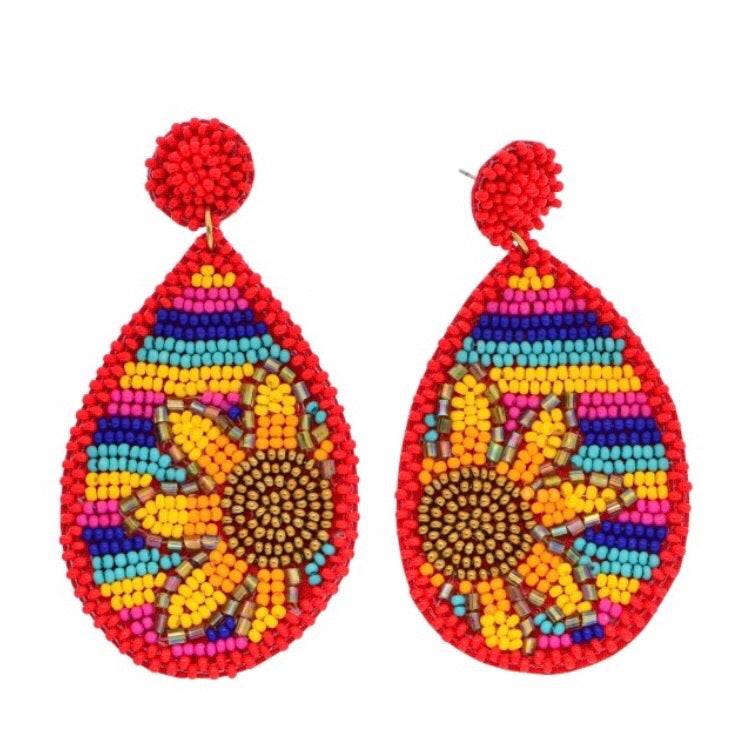 "Siesta Sun" Seed Bead Serape & Sunflower Teardrop Statement Earrings--Handmade