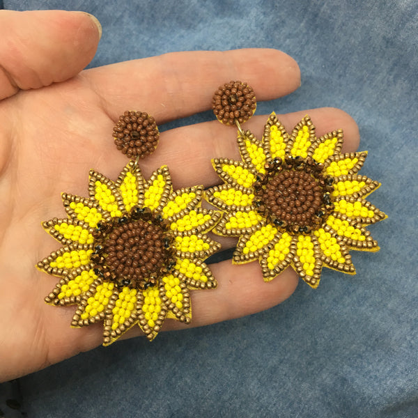 Sunflower Love Seed Bead Statement Earrings Handcrafted Checkerboard Market