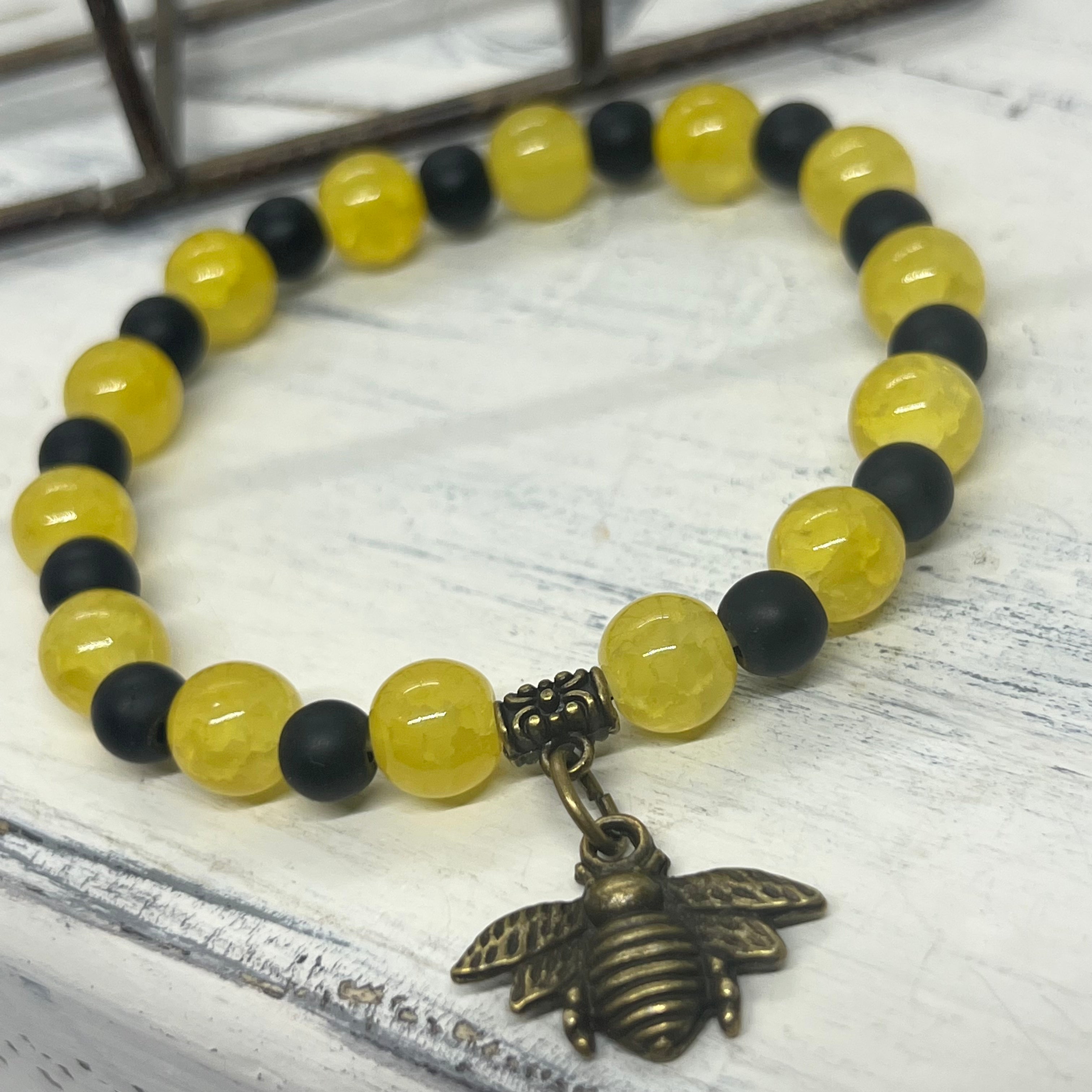 "Bee Blessed" Stretch Beaded Charm Bracelet -- Handcrafted