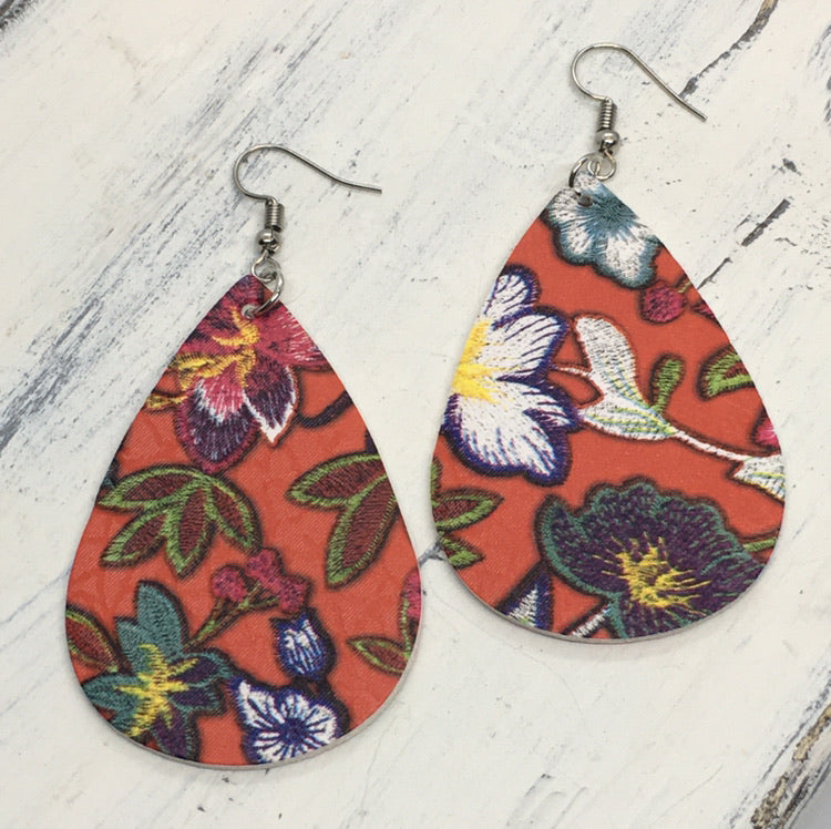 "Elyse" Boho Chic Floral Faux Leather & Embroidery Statement Earrings, Handcrafted--Red