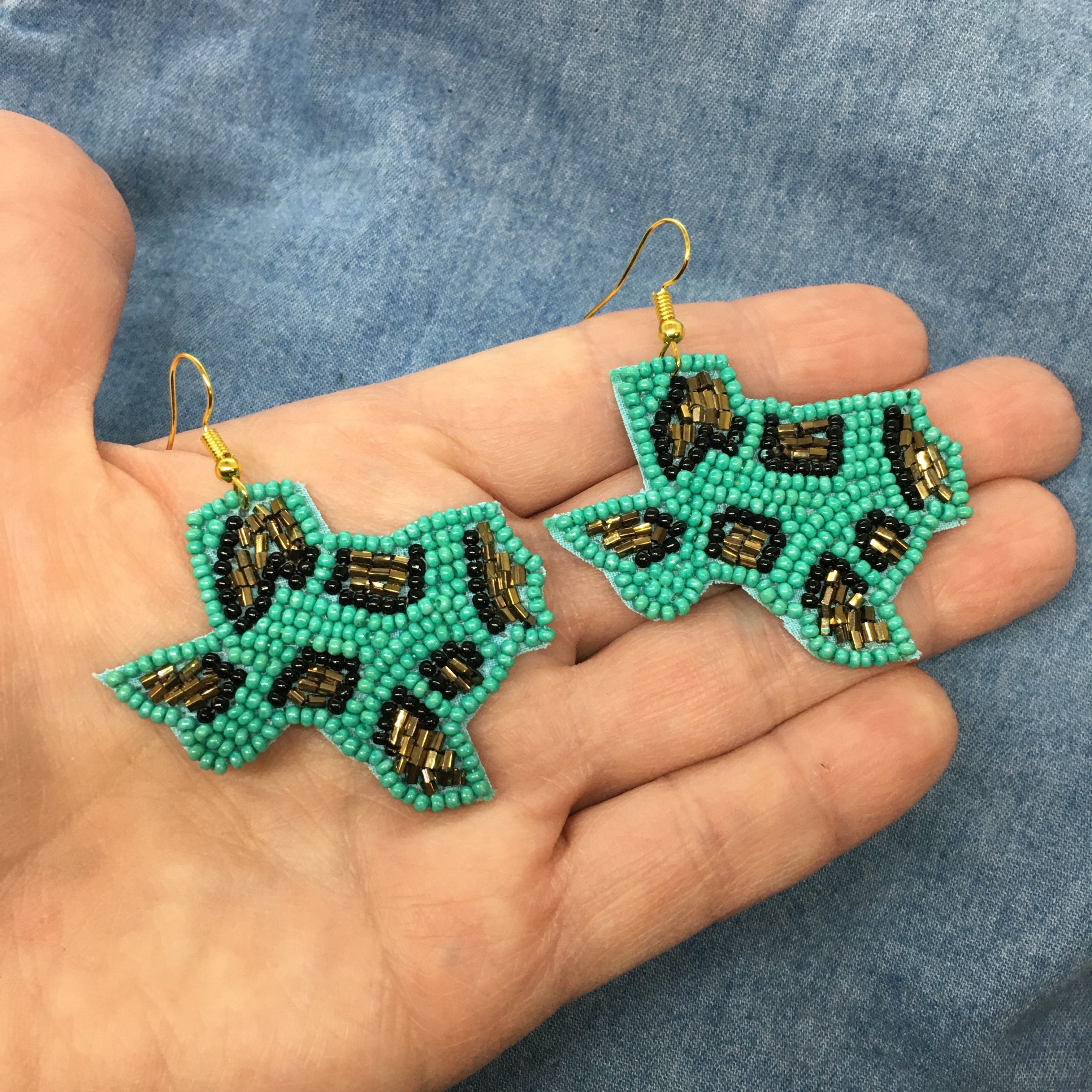 "Texas Strong" Seed Bead Animal Print Statement Earrings--Turquoise, Handcrafted