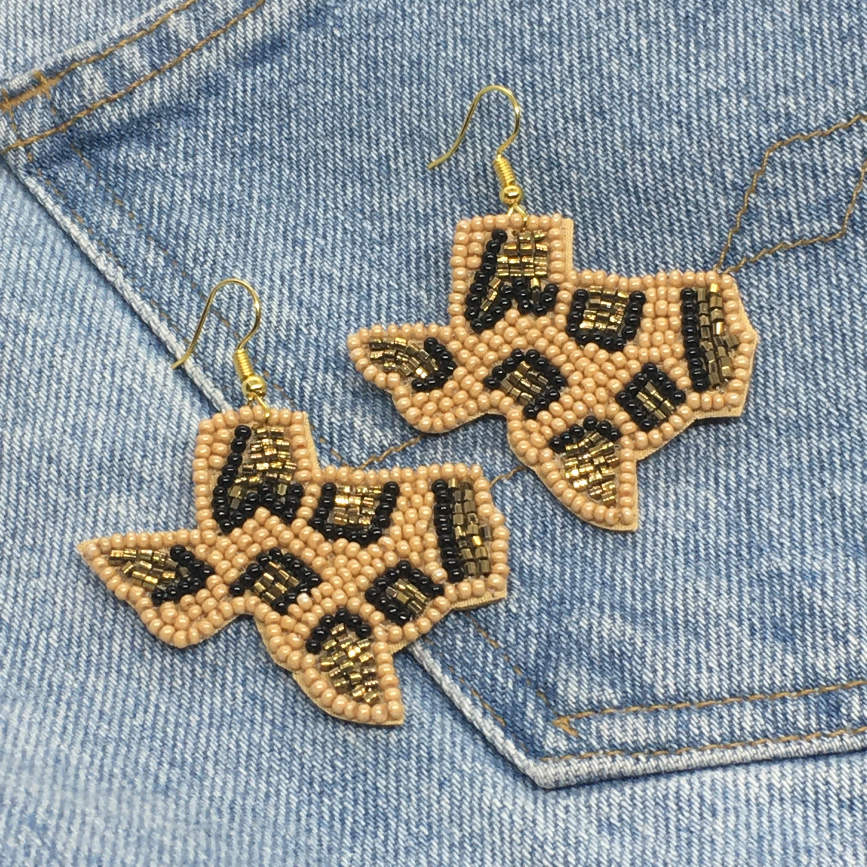 "Texas Strong" Seed Bead Animal Print Statement Earrings--Beige, Handmade