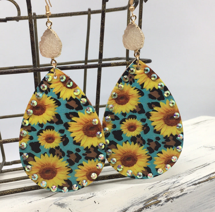 "Sunflowers & Rhinestones" Leopard Print Faux Leather Large Statement Earrings--Turquoise