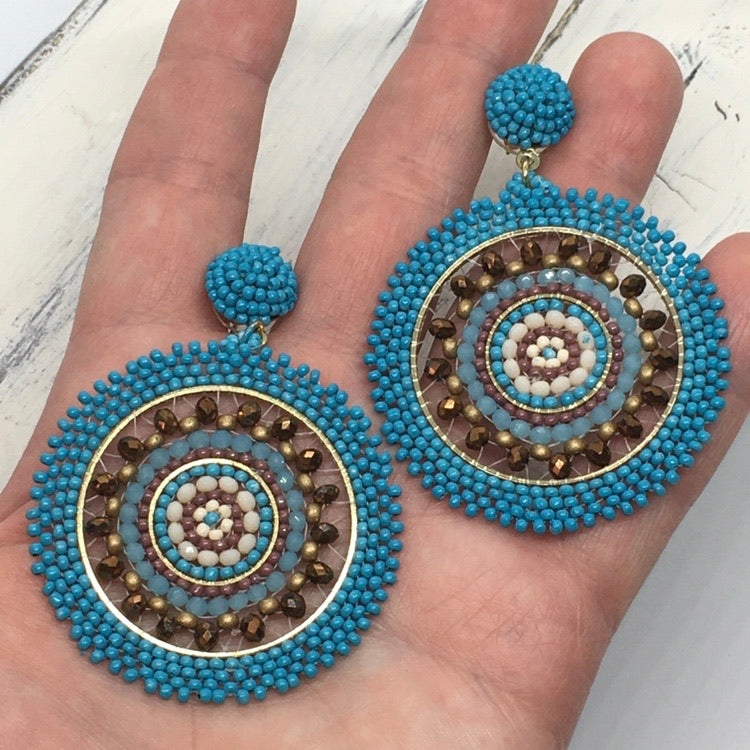 "First Prize" Seed Bead Medallion Statement Earrings, Handcrafted--Turquoise