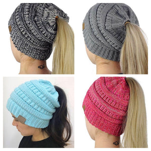 C.C Messy Bun/BeanieTail Cable Knit Ponytail Beanie