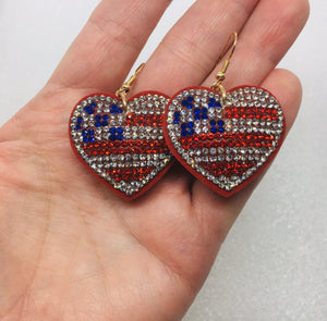 "America the Beautiful" Rhinestone USA Flag Heart Drop Earrings