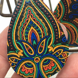 "Patrice" Boho Chic Paisley Faux Leather Statement Earrings--Black/Blue/Multi