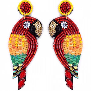 "Treasure Isle" Parrot Macaw Tropical Bird Bead & Sequin Statement Earrings--Handcrafted