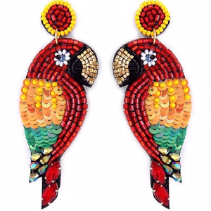 "Treasure Isle" Parrot Macaw Tropical Bird Bead & Sequin Statement Earrings--Handcrafted