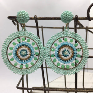 "First Prize" Seed Bead Medallion Statement Earrings, Handmade--Mint Green