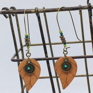 "Wynona" Boho Chic Wood Leaf Antique Bronze Earrings