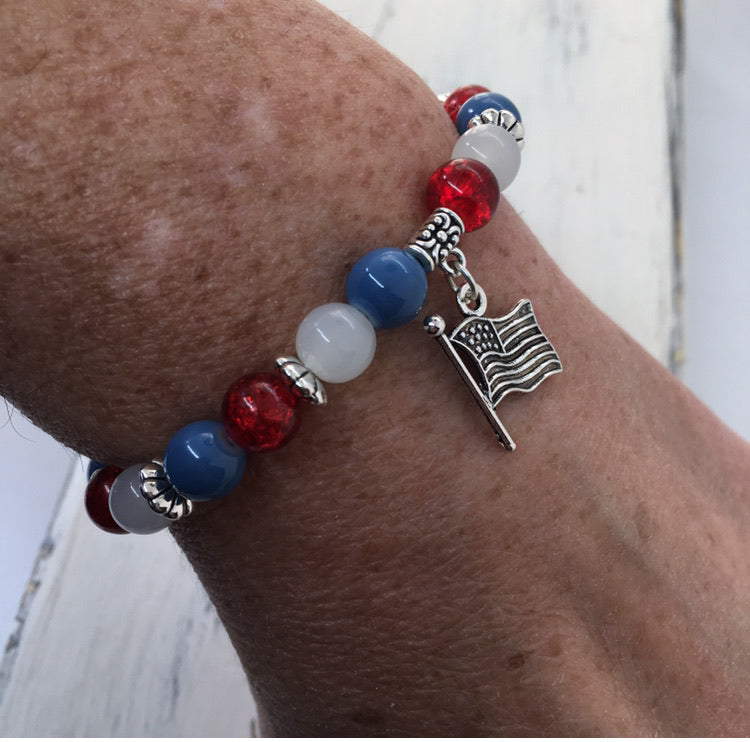 “Land That I Love” Stretch Beaded Charm Bracelet—Handcrafted